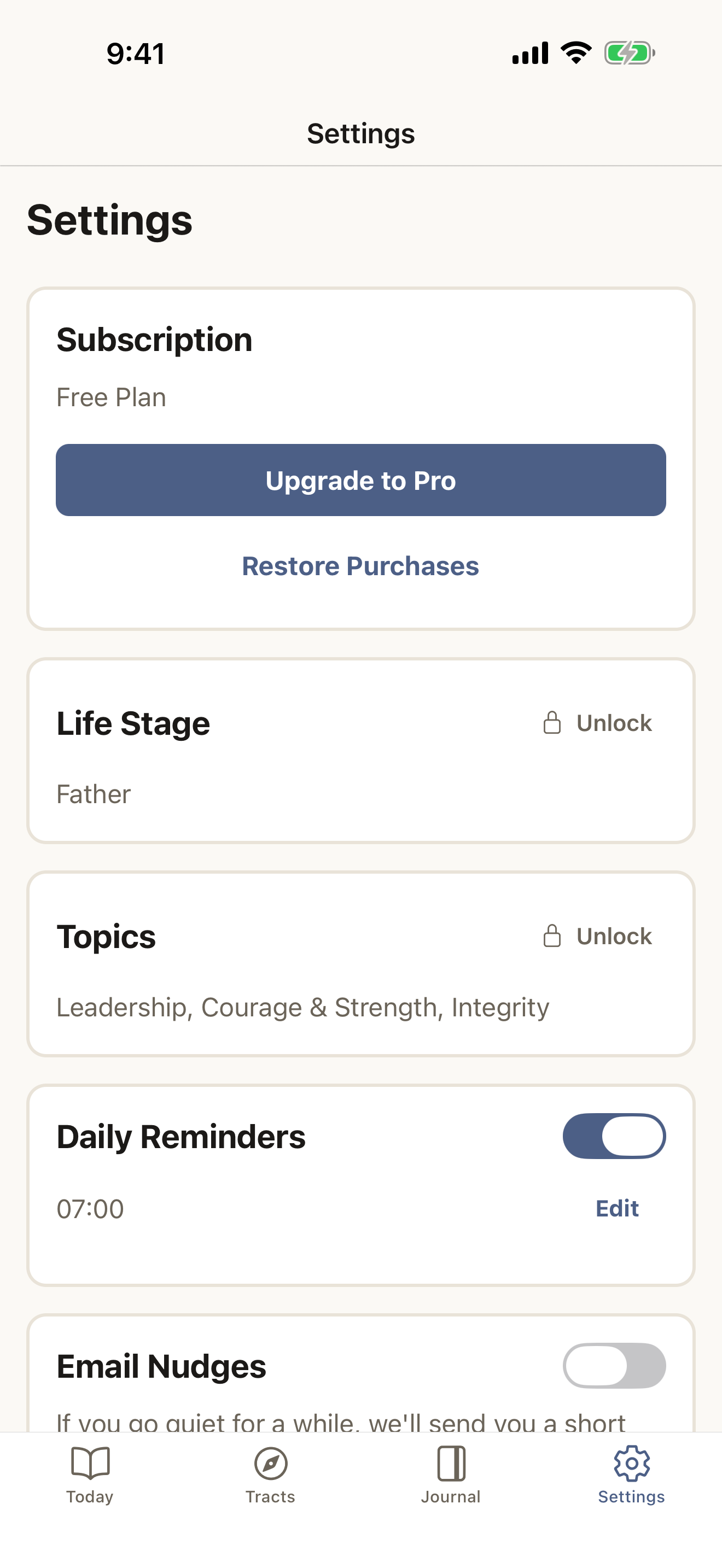 David app settings — personalization by life stage and topic, reminders, and subscription