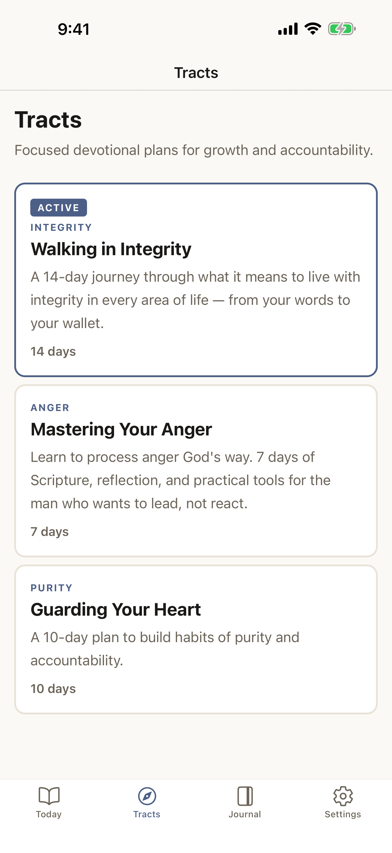 David app Tracts — multi-day devotional plans on fatherhood, leadership, anxiety, and purity
